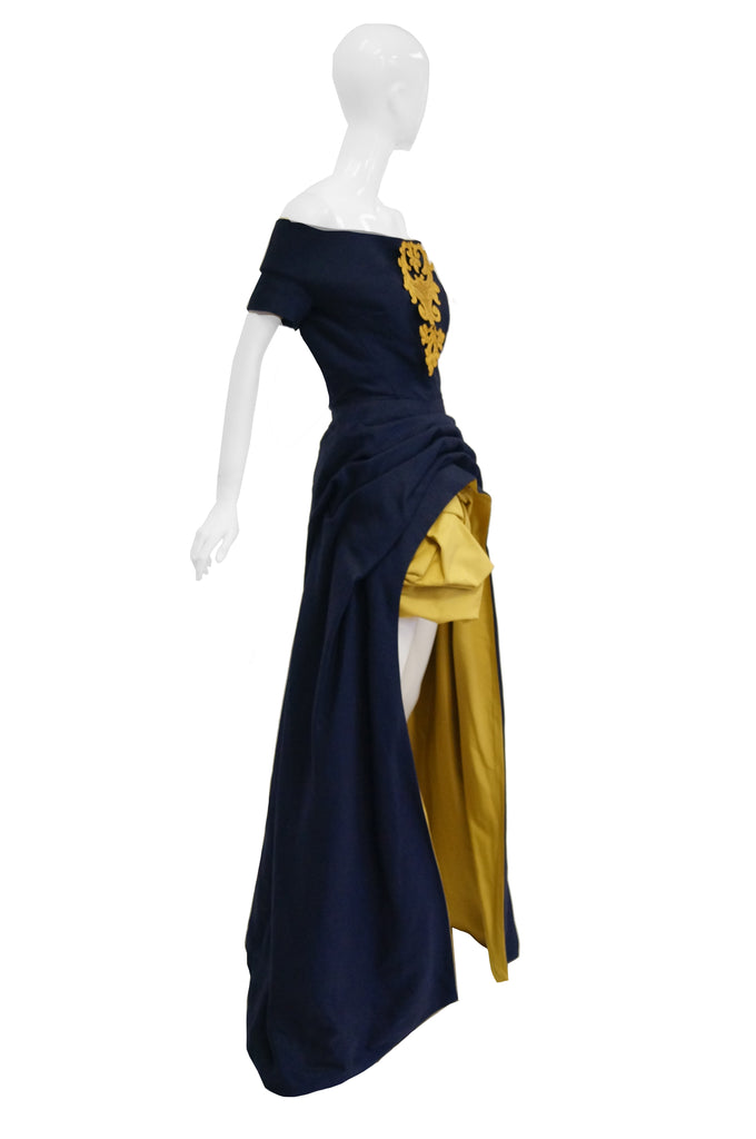 1991 Christian Lacroix Couture Navy Linen and Gold Silk Shantung Evening Gown 32