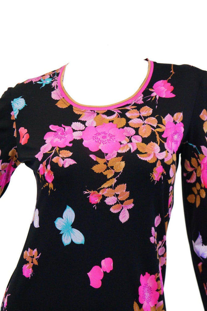 1960s Leonard Black & Pink Floral Silk Jersey Midi Dress