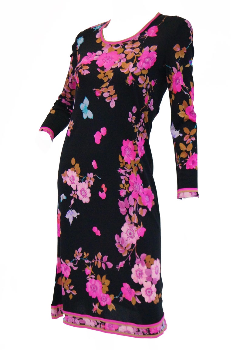 1960s Leonard Black & Pink Floral Silk Jersey Midi Dress 1960s Leonard Black & Pink Floral Silk Jersey Midi Dress