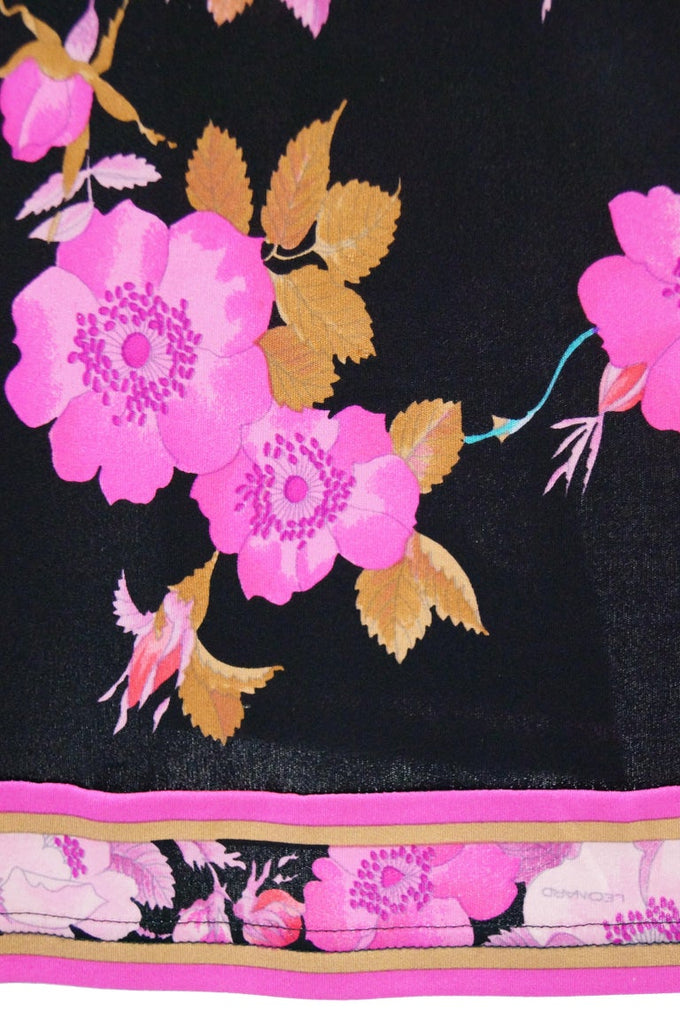 1960s Leonard Black & Pink Floral Silk Jersey Midi Dress