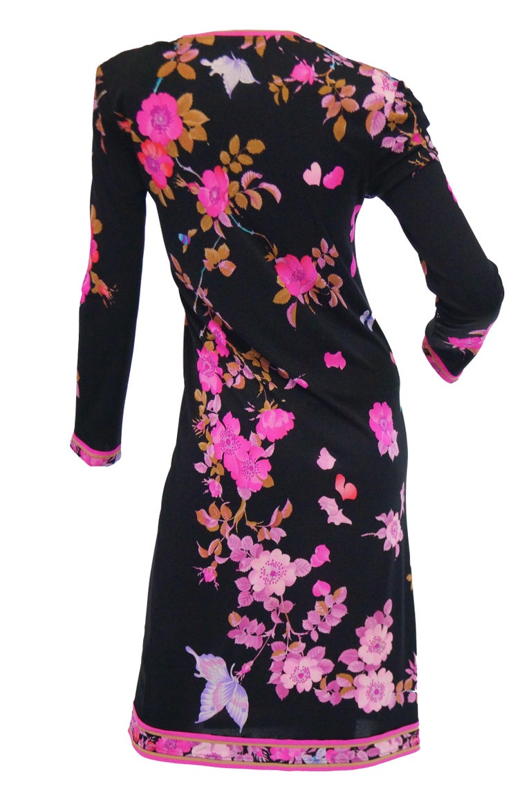 1960s Leonard Black & Pink Floral Silk Jersey Midi Dress 1960s Leonard Black & Pink Floral Silk Jersey Midi Dress