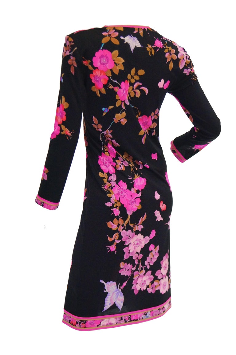 pink dress black flowers 1960s Leonard Black & Pink Floral Silk Jersey Midi Dress