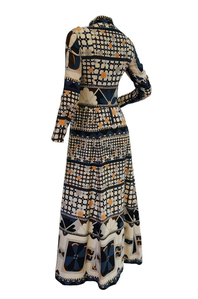 1970's Averardo Bessi Neutral Colored Silk Graphic Maxi Dress