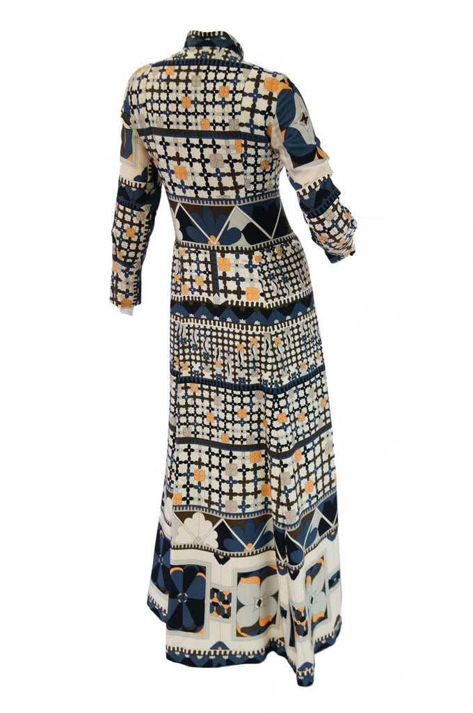 1970's Averardo Bessi Neutral Colored Silk Graphic Maxi Dress