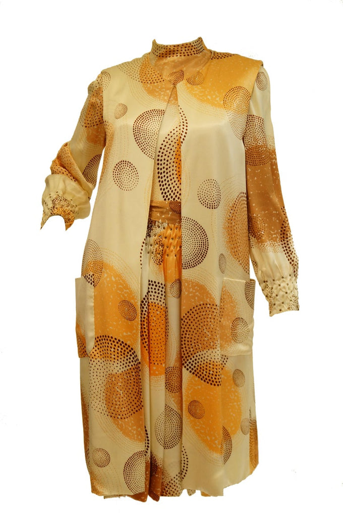 1960s Amber Silk Op Art Cocktail Dress and Vest