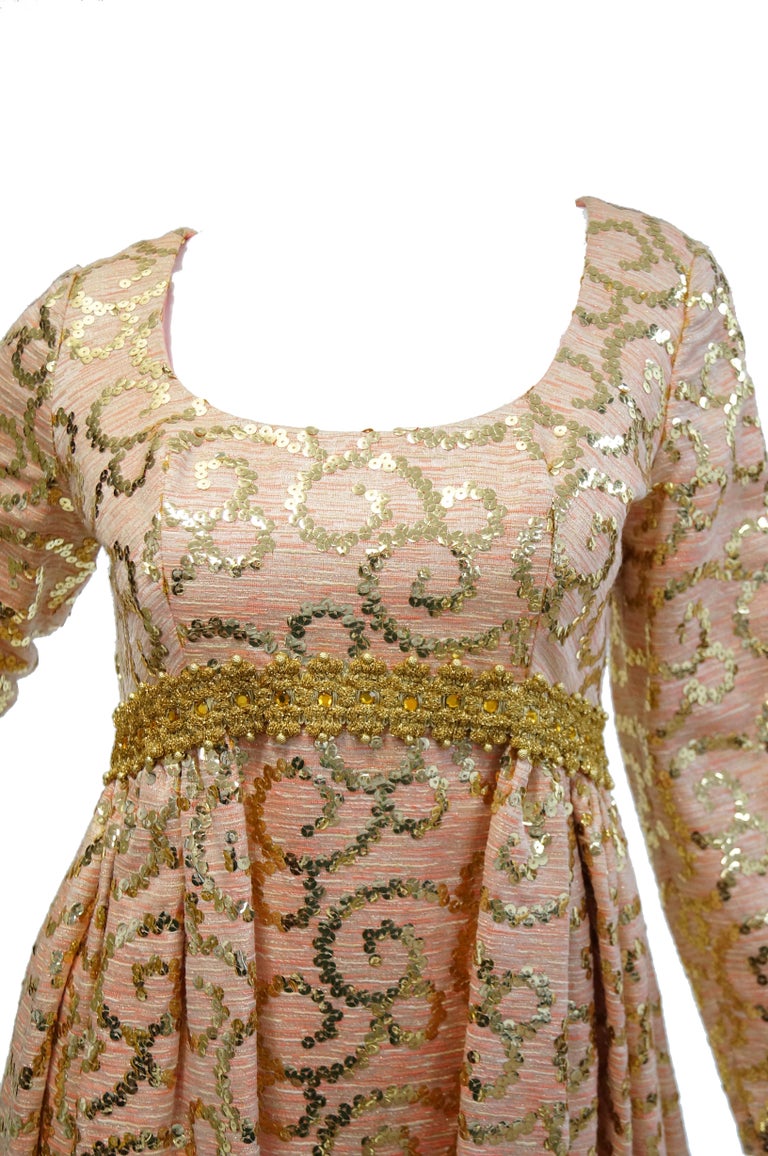 1960s Lisa Meril Pink and Gold Sequin Swirl Dress with Gold Fringe Ves - MRS Couture 1960s Lisa Meril Pink and Gold Sequin Swirl Dress with Gold Fringe Ves - MRS Couture