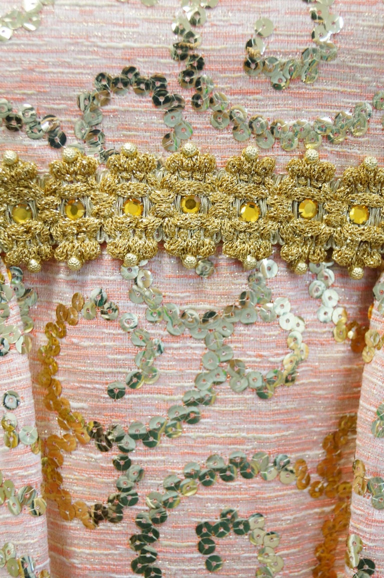 1960s Lisa Meril Pink and Gold Sequin Swirl Dress with Gold Fringe Ves - MRS Couture 1960s Lisa Meril Pink and Gold Sequin Swirl Dress with Gold Fringe Ves - MRS Couture