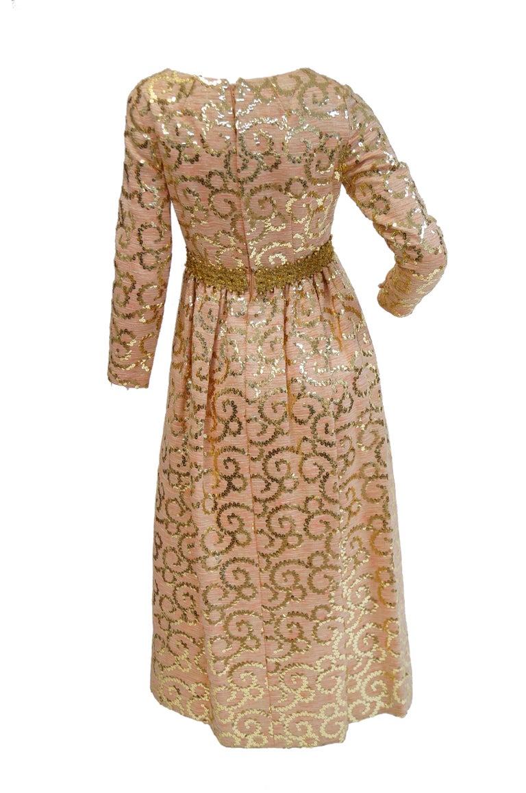 1960s Lisa Meril Pink and Gold Sequin Swirl Dress with Gold Fringe Ves - MRS Couture 1960s Lisa Meril Pink and Gold Sequin Swirl Dress with Gold Fringe Ves - MRS Couture