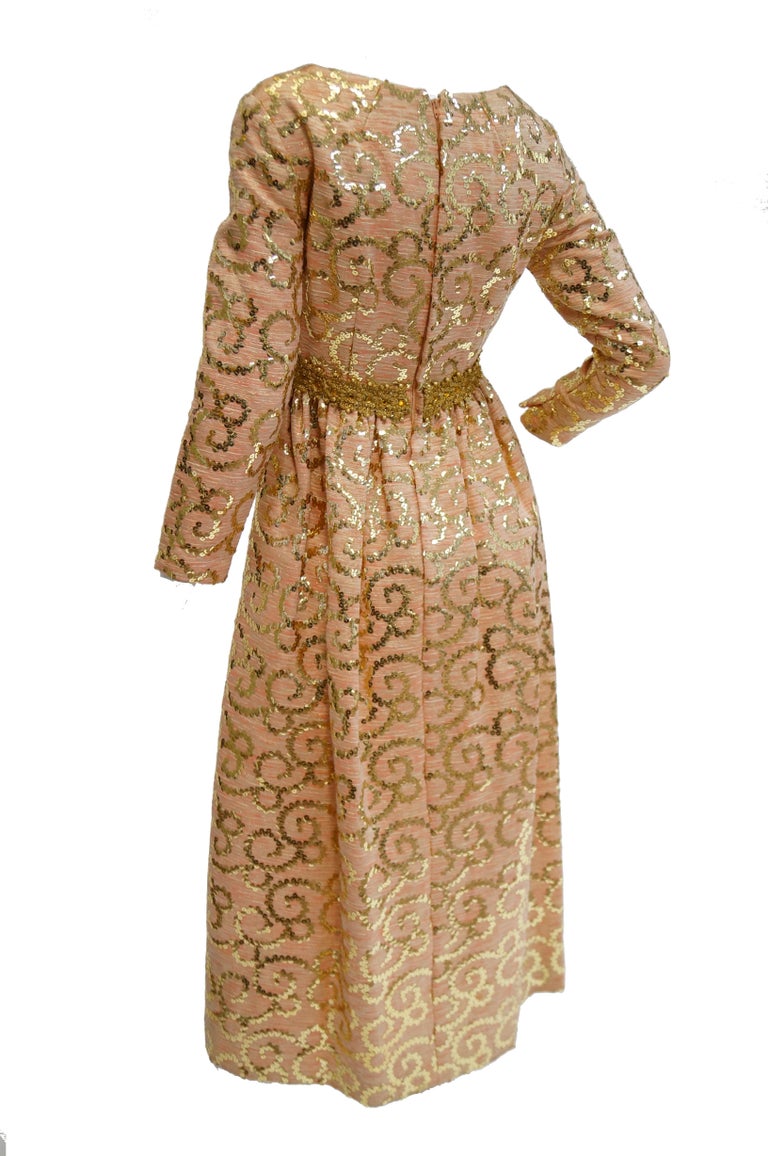 1960s Lisa Meril Pink and Gold Sequin Swirl Dress with Gold Fringe Ves - MRS Couture 1960s Lisa Meril Pink and Gold Sequin Swirl Dress with Gold Fringe Ves - MRS Couture