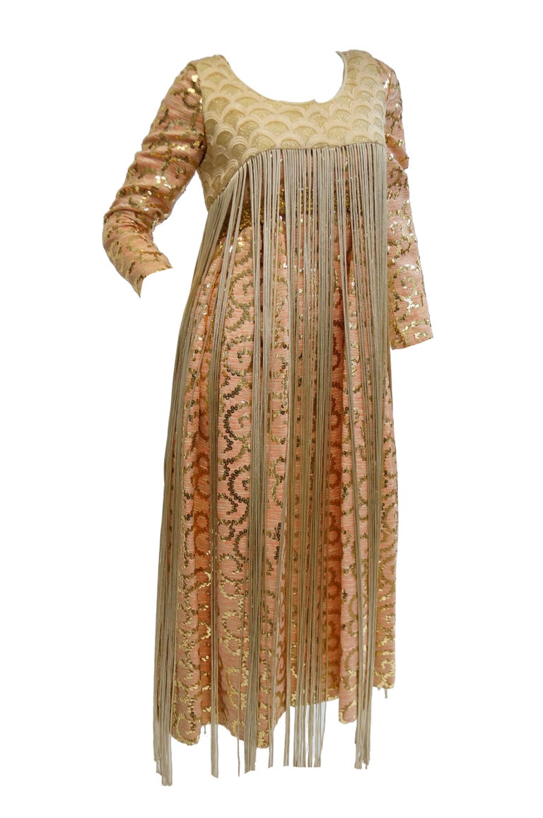 1960s Lisa Meril Pink and Gold Sequin Swirl Dress with Gold Fringe Ves - MRS Couture 1960s Lisa Meril Pink and Gold Sequin Swirl Dress with Gold Fringe Ves - MRS Couture