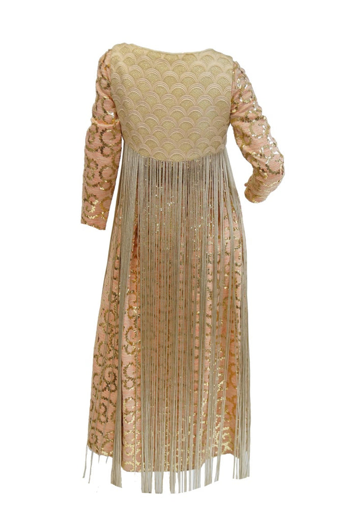 1960s Lisa Meril Pink and Gold Sequin Swirl Dress with Gold Fringe Vest