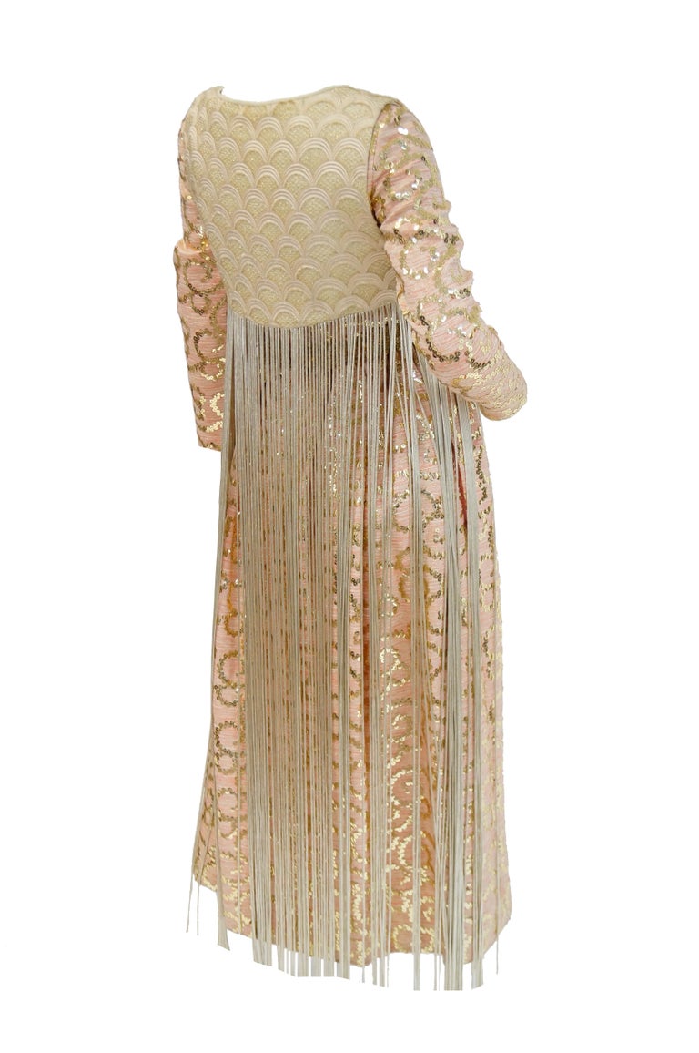 1960s Lisa Meril Pink and Gold Sequin Swirl Dress with Gold Fringe Ves - MRS Couture 1960s Lisa Meril Pink and Gold Sequin Swirl Dress with Gold Fringe Ves - MRS Couture