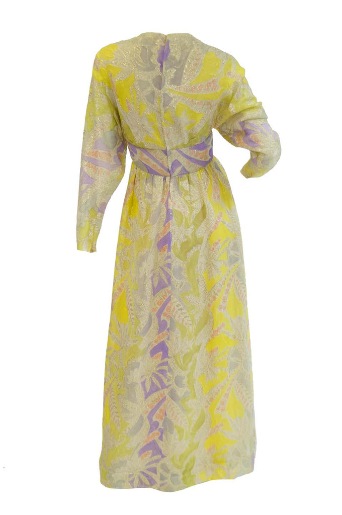 1960s Mollie Parnis Purple & Yellow Floral Evening Dress with Gold Lame Detail