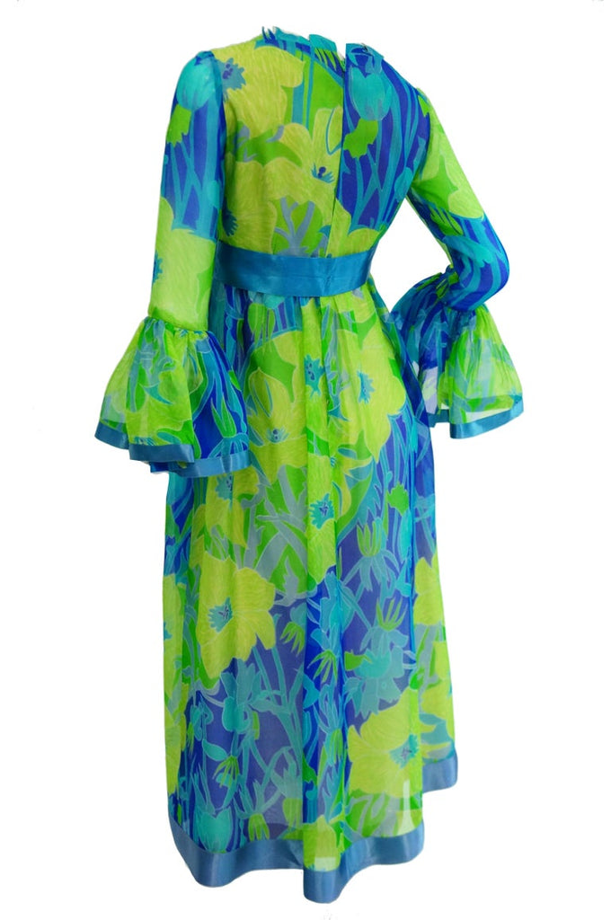1960s Mollie Parnis Blue and Green Floral Chiffon Maxi Dress