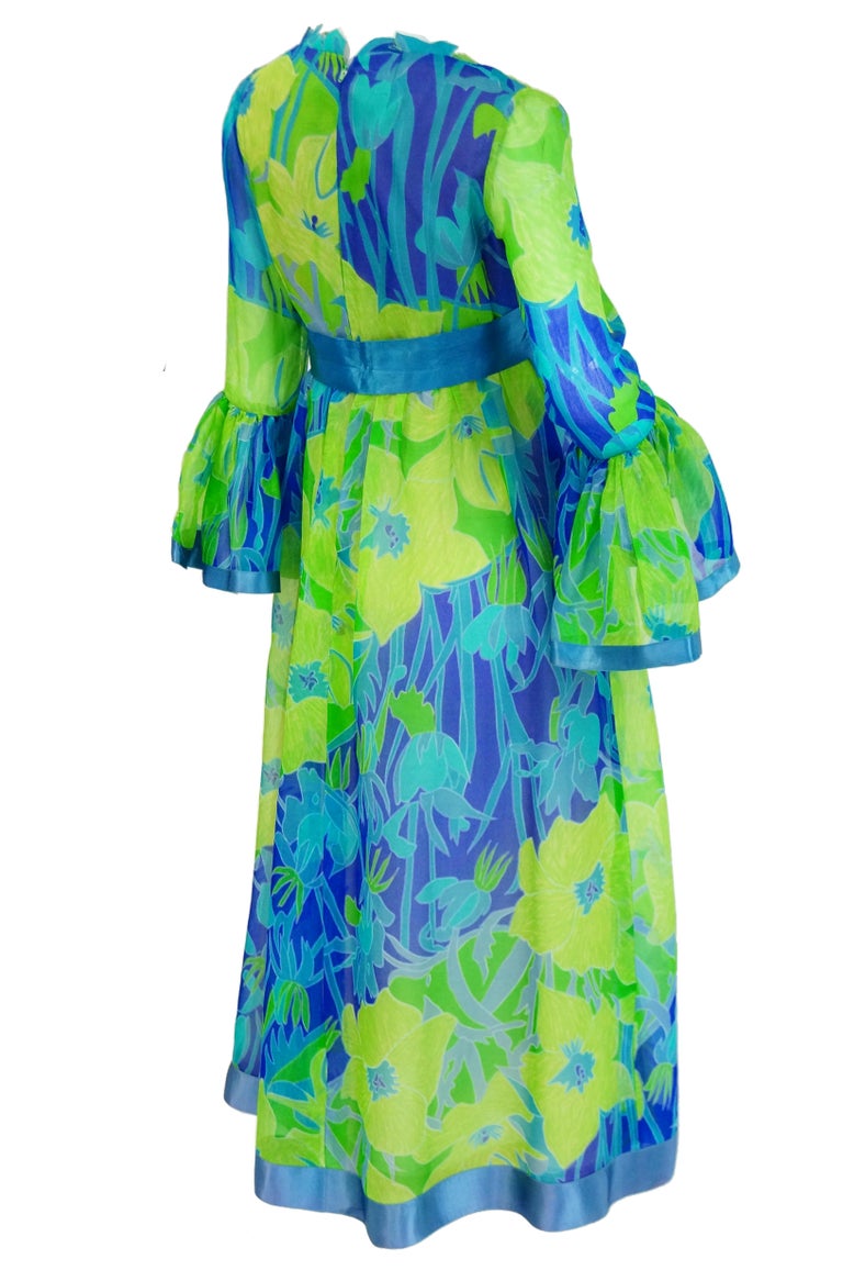 1960s Mollie Parnis Blue and Green Floral Chiffon Maxi Dress 1960s Mollie Parnis Blue and Green Floral Chiffon Maxi Dress