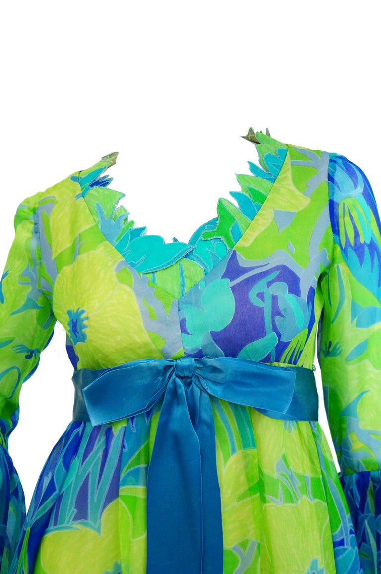 1960s Mollie Parnis Blue and Green Floral Chiffon Maxi Dress 1960s Mollie Parnis Blue and Green Floral Chiffon Maxi Dress