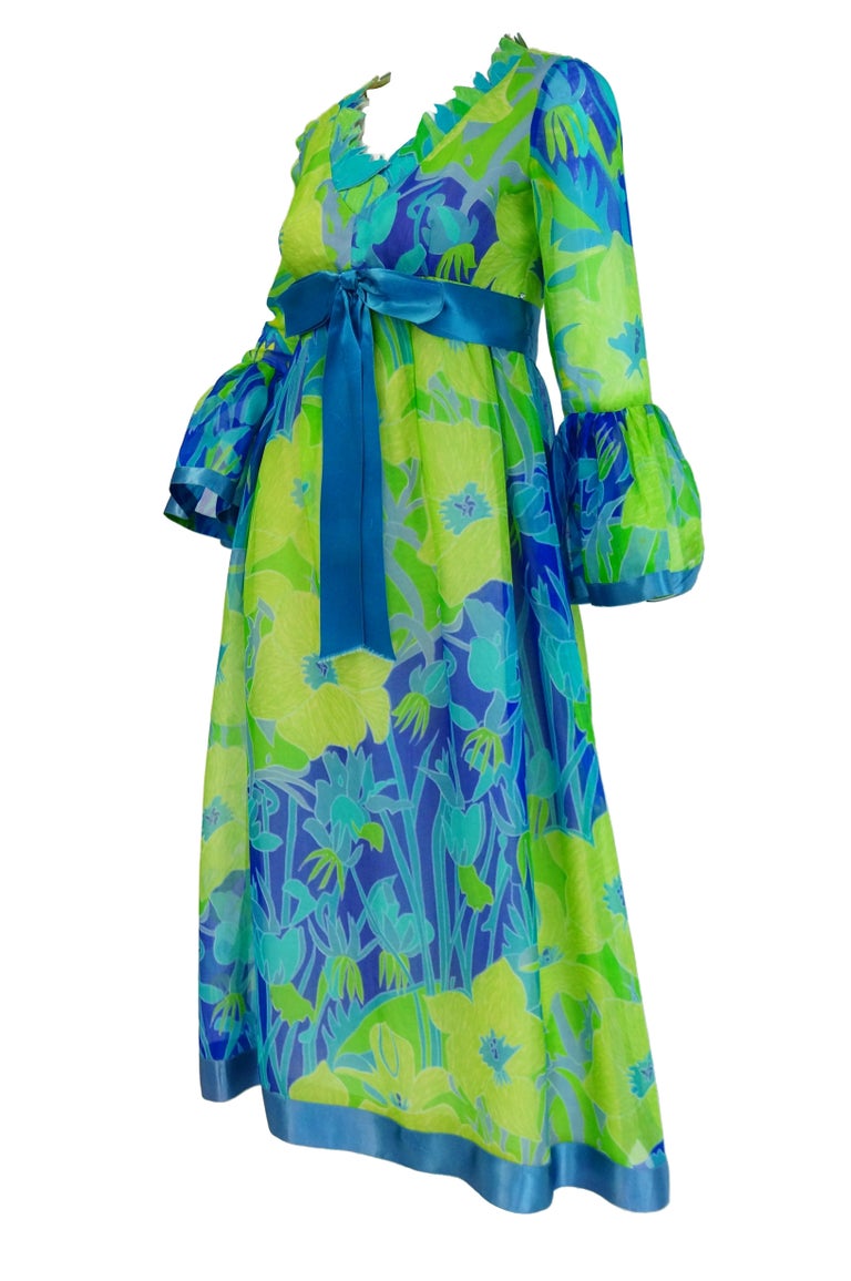 1960s Mollie Parnis Blue and Green Floral Chiffon Maxi Dress 1960s Mollie Parnis Blue and Green Floral Chiffon Maxi Dress