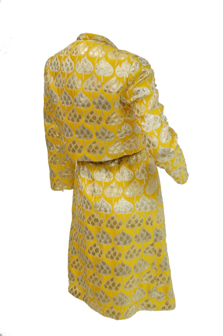 1960s Mollie Parnis Gold and Yellow Leaf Print Cocktail Dress 1960s Mollie Parnis Gold and Yellow Leaf Print Cocktail Dress