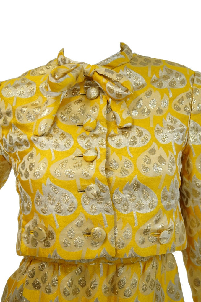 1960s Mollie Parnis Gold and Yellow Leaf Print Cocktail Dress