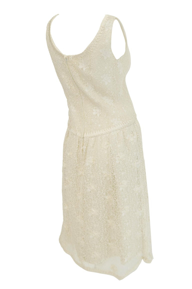 Rare 1960s Jean Louis Couture Ivory Lace and Ribbon Work Cocktail Dress and Jacket Rare 1960s Jean Louis Couture Ivory Lace and Ribbon Work Cocktail Dress and Jacket