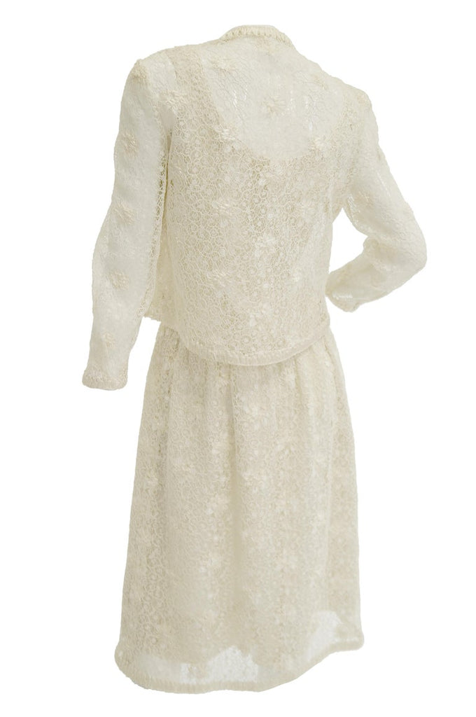 Rare 1960s Jean Louis Couture Ivory Lace and Ribbon Work Cocktail Dress and Jacket
