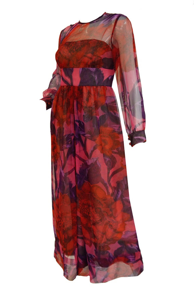1960s Dynasty Sheer Raspberry Silk Floral Evening Dress