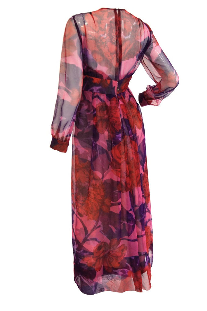 1960s Dynasty Sheer Raspberry Silk Floral Evening Dress