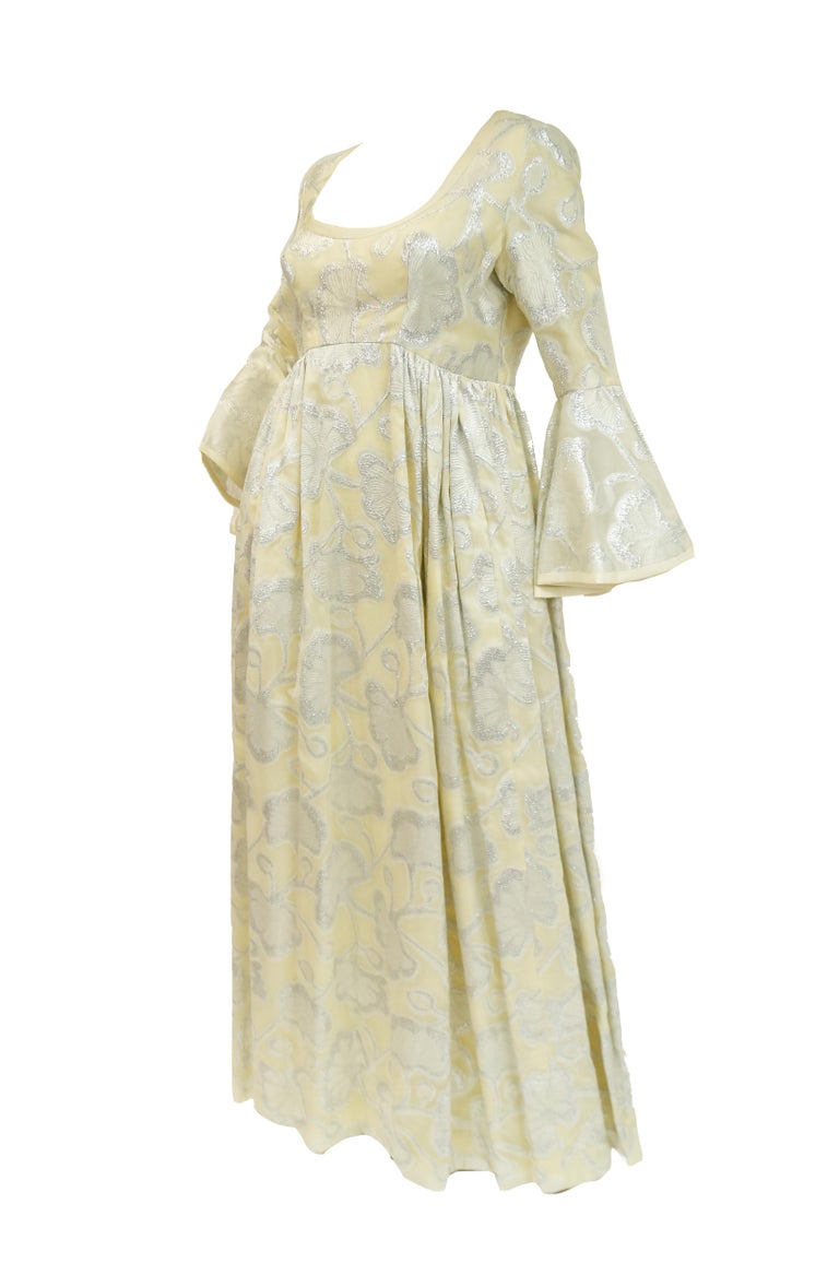 1970s Lisa Meril Cream and Silver Floral Brocade Empire Waist Evening Dress 1970s Lisa Meril Cream and Silver Floral Brocade Empire Waist Evening Dress