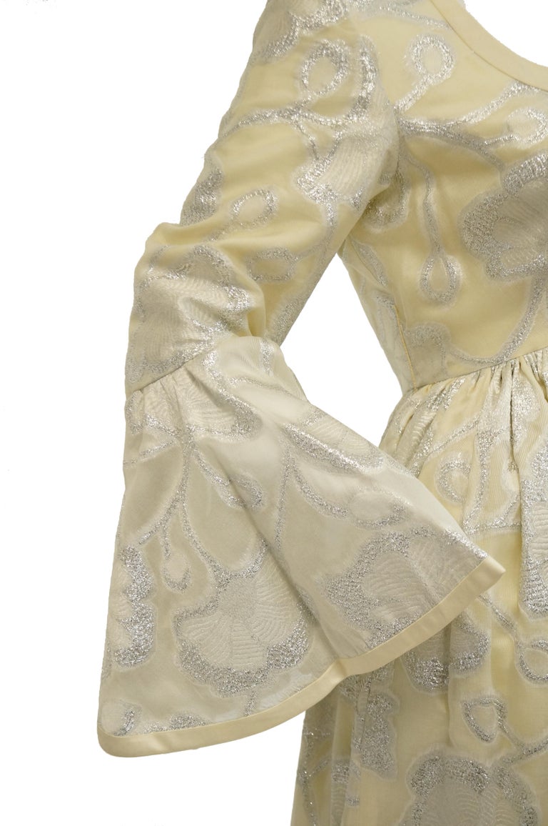 1970s Lisa Meril Cream and Silver Floral Brocade Empire Waist Evening Dress 1970s Lisa Meril Cream and Silver Floral Brocade Empire Waist Evening Dress