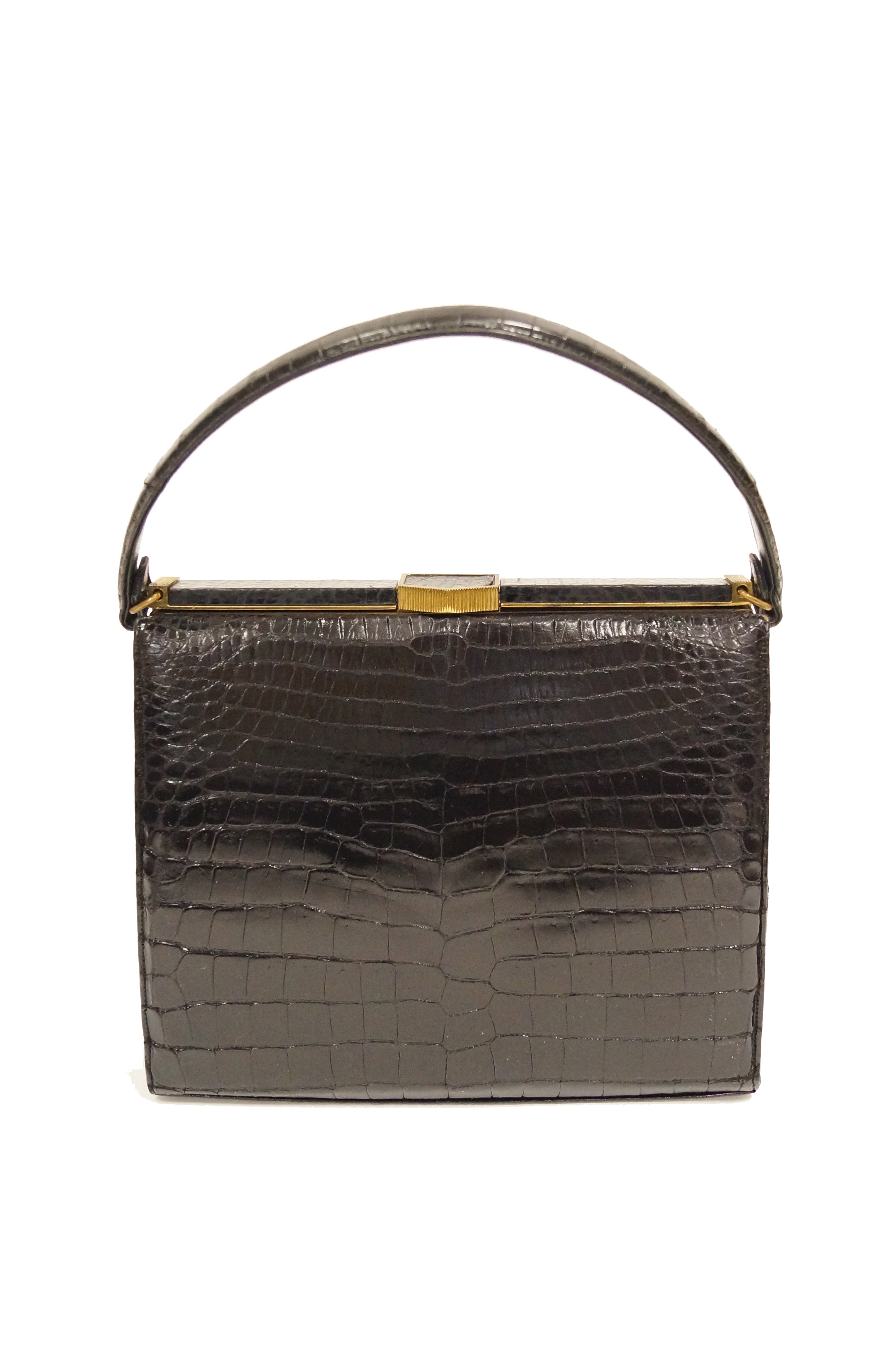 1950s Marcus Brothers Basket Weave Handbag w/ Floral Etched Gold