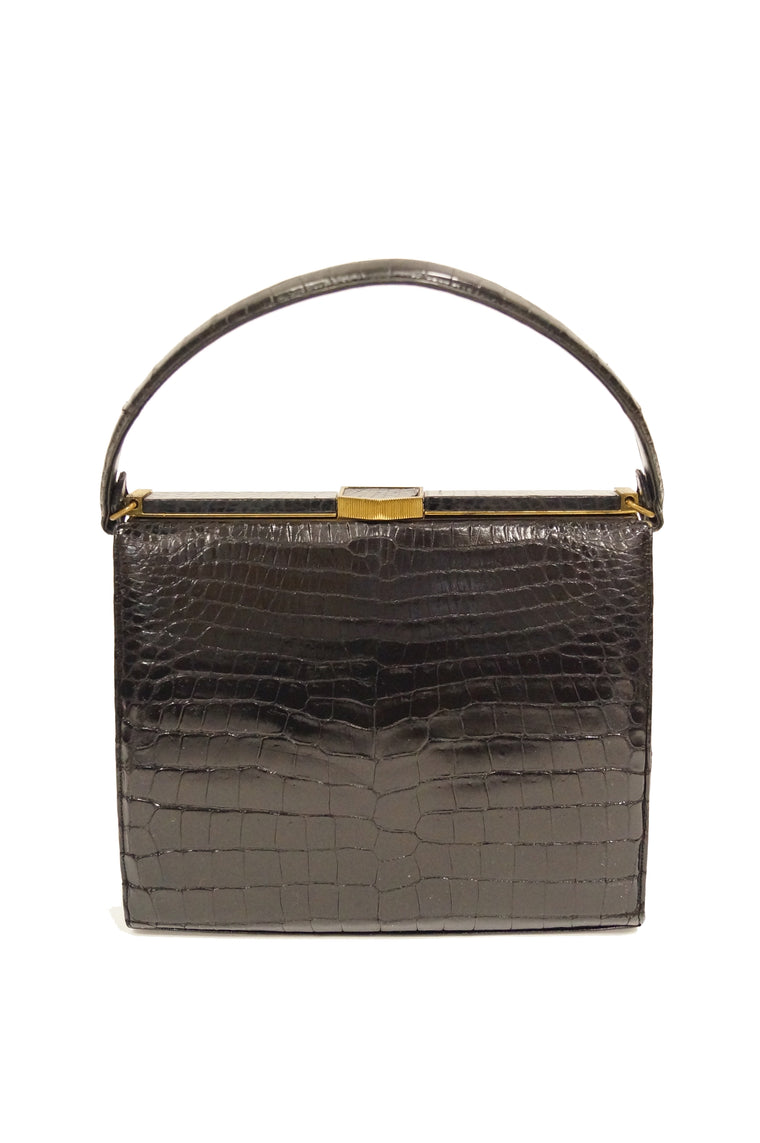 Saks Fifth Avenue Made in Italy Black Lizard or Snake Skin Embossed Leather Shoulder Crossbody Bag Purse with Gold Tone Chain Leather Strap