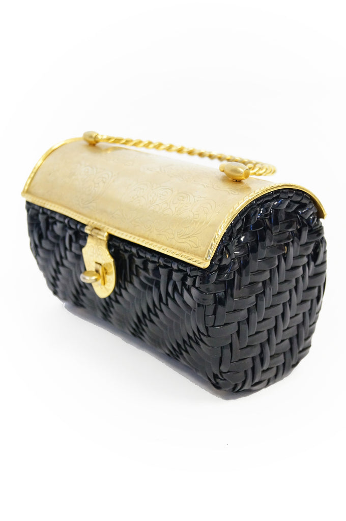 1950s Marcus Brothers Basket Weave Handbag w/ Floral Etched Gold Lid