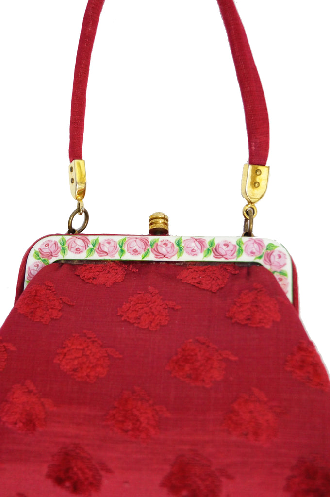 1950s Roberta di Camerino Red Tapestry Evening Bag with Hand Painted Porcelain