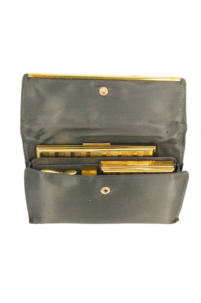 1950s Evans Green Satin Clutch w/ Gold Tone Compact and Accessories