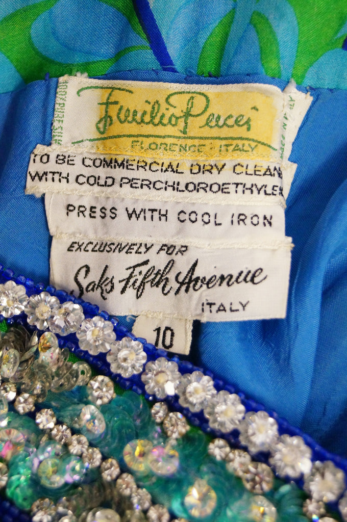 1960s Emilio Pucci Couture Plumage Print Rhinestone Palazzo Pant Dress