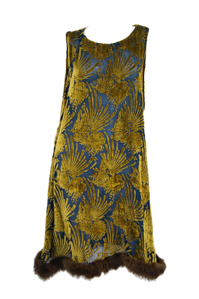 1920s Gold and Indigo Devore Velvet Evening Dress with Mink Trim