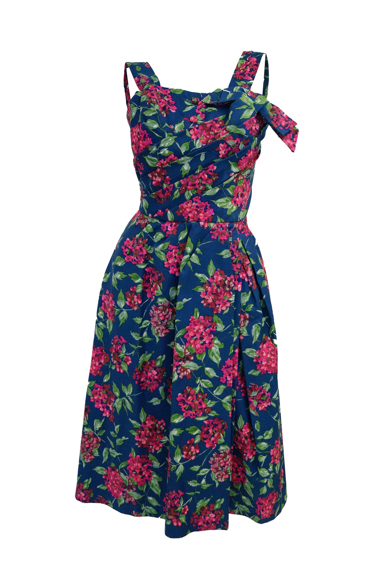 1950s Marty Modell Navy and Pink Floral Ribbed Cotton Faille Dress