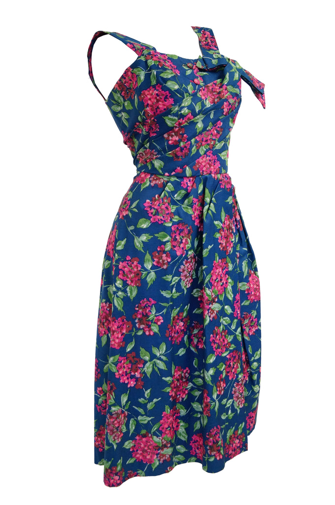 1950s Marty Modell Navy and Pink Floral Ribbed Cotton Faille Dress