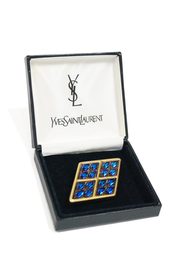 1980s Yves Saint Laurent Vermeil Iridescent Blue Rhinestone Brooch Original Box