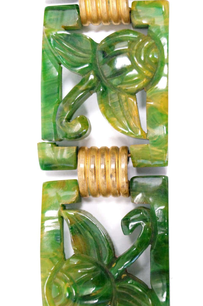 Carved Marbled Jade Bakelite Link Bracelet, 1930s