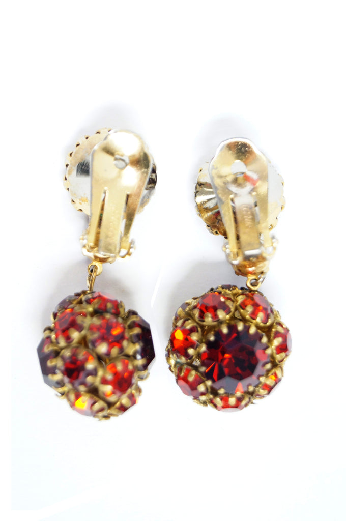 1940s Hattie Carnegie Ruby Red Rhinestone Drop Earrings