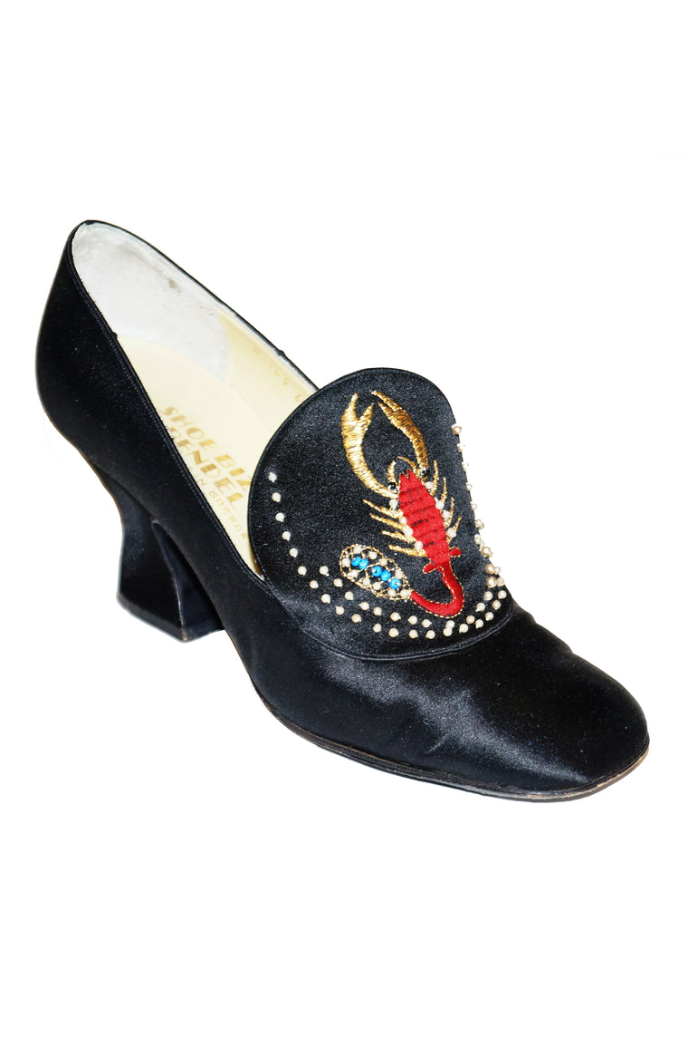 1970s “Shoe Biz” Grecian Scorpion Embroidered Satin Heel