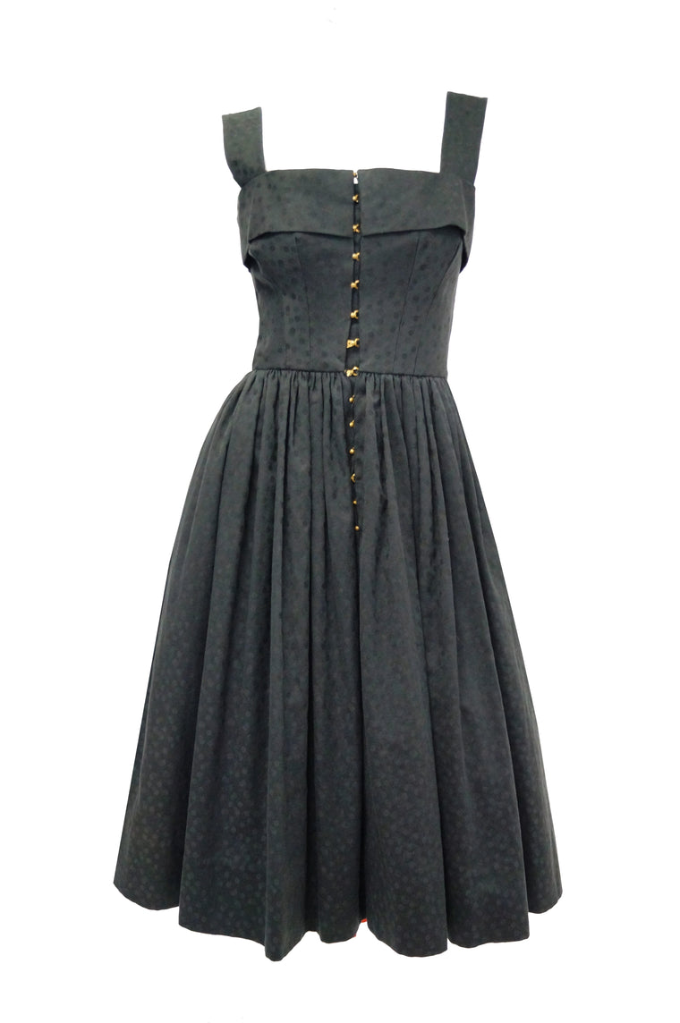 1940s Claire McCardell Black Cotton Dotted Dress with Metal Closures - Rare
