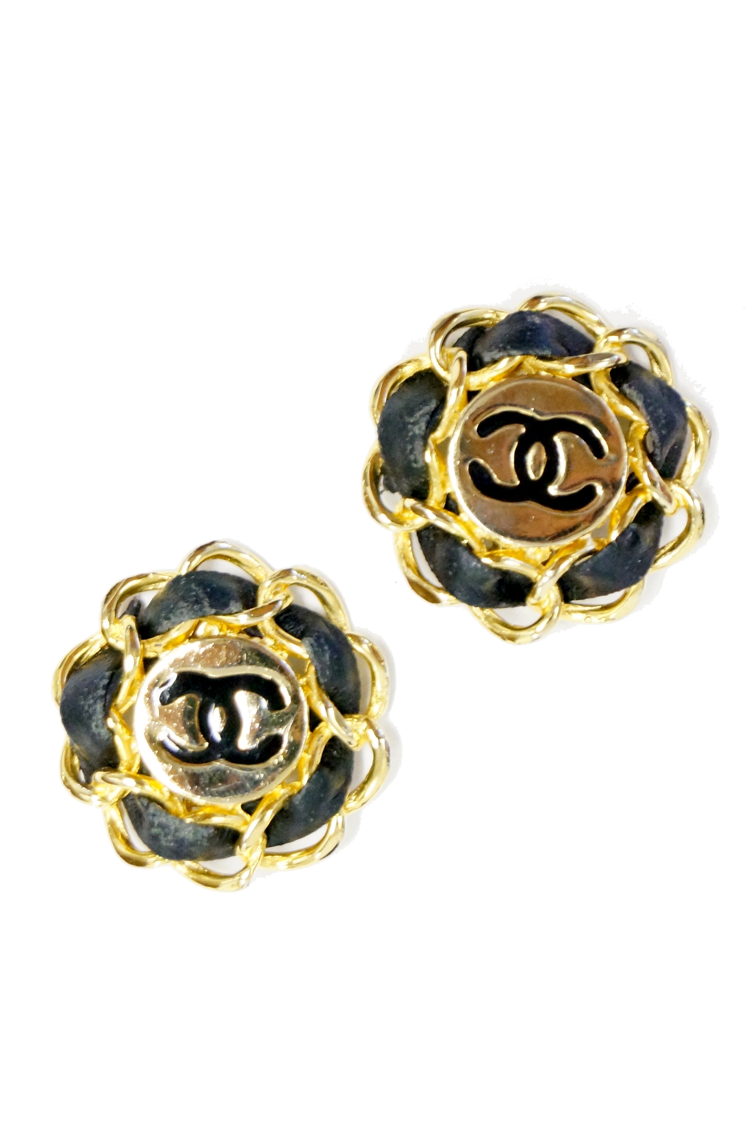 1980s Chanel Logo Gold and Leather Clip Earrings, Iconic - MRS Couture