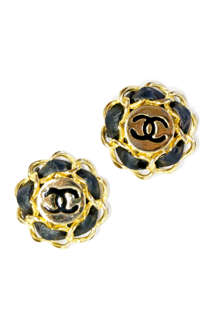 1980s Chanel Logo Gold and Leather Clip Earrings, Iconic