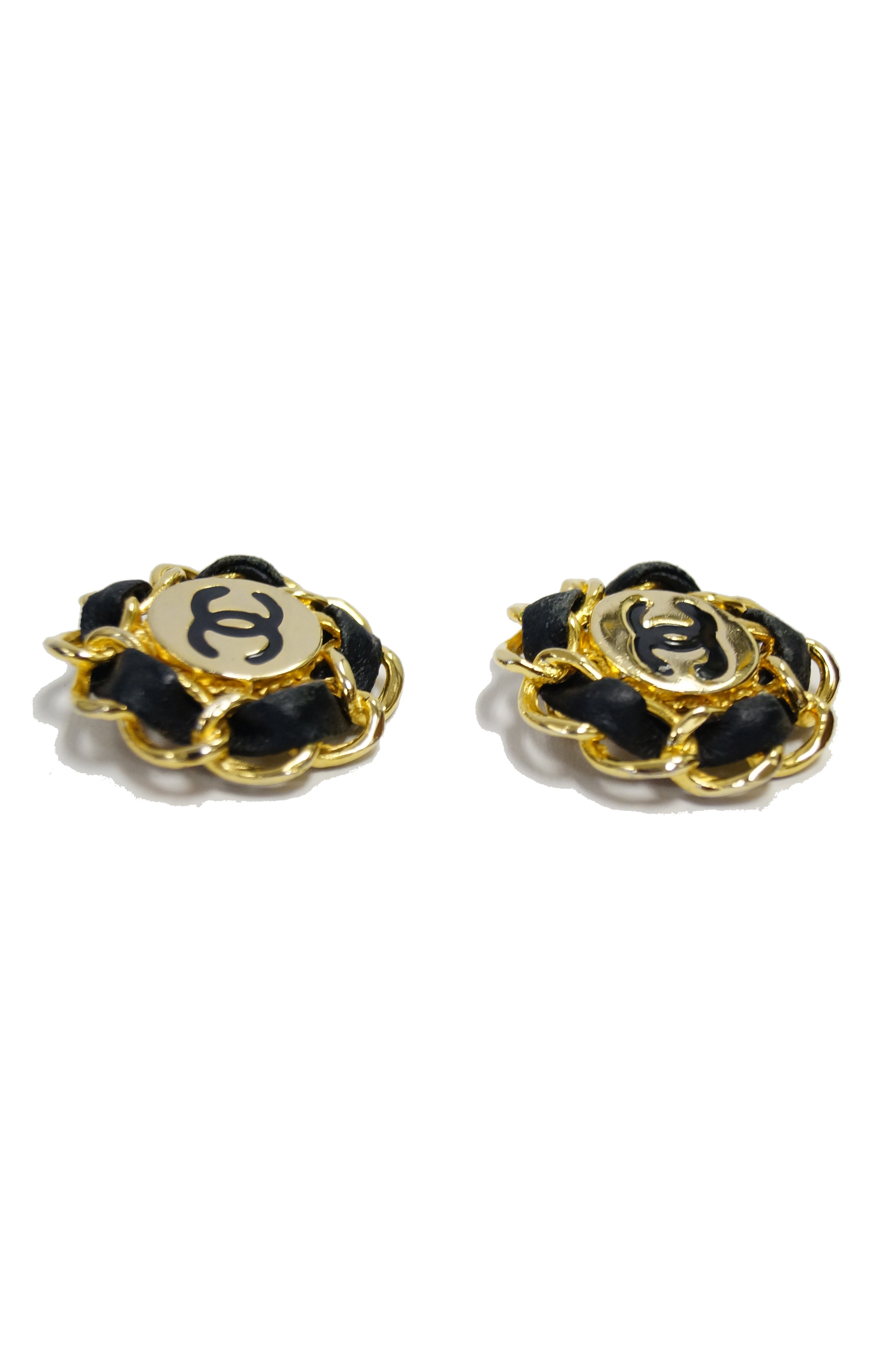 chanel gold black leather earrings