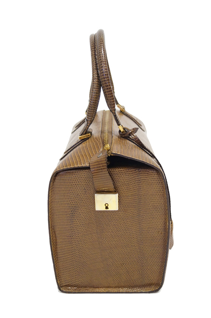 1960s Martin Van Schaak Custom Brown Java Lizard Skin Handbag Box Bag