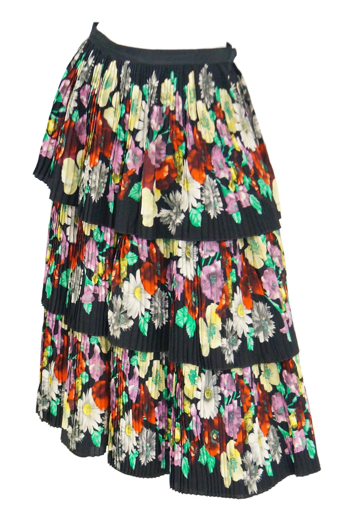 1970s Piera Patritti Plisse Silk Multi - Tier Floral Skirt - Italy