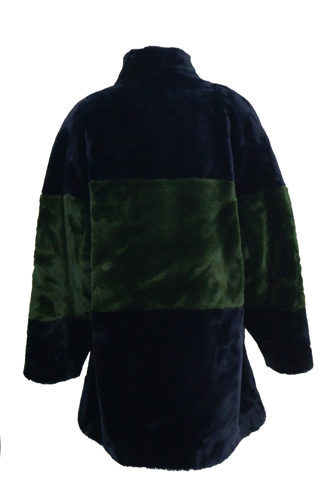 1980s Bill Blass Green and Black Colorblock Faux Sheared Mink Coat - XL
