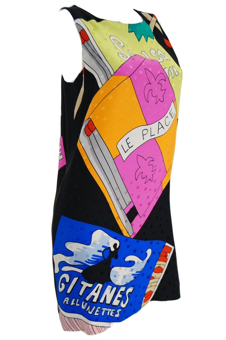 1990s Nicole Miller Silk Pop Art Advertisement Shift Dress 1990s Nicole Miller Silk Pop Art Advertisement Shift Dress